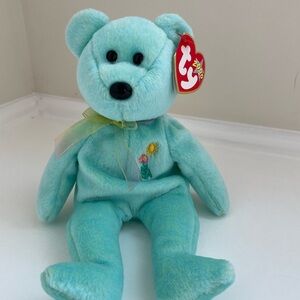 Ty Plush Bear in Light Blue with Floral Embroidery